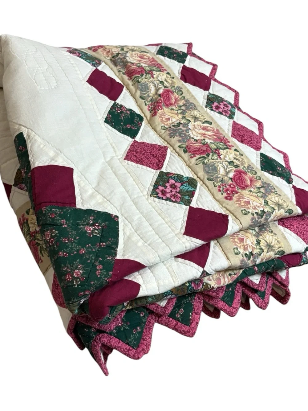 Vint Floral Patchwork Quilt Twin Center Medallion Sawtooth Trim Burgundy Green